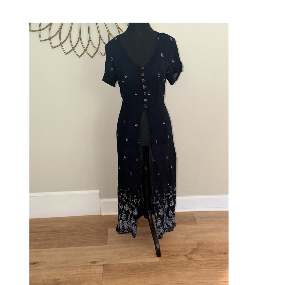 Vintage 90s Victoria Holley Navy Floral Embroidered duster size small